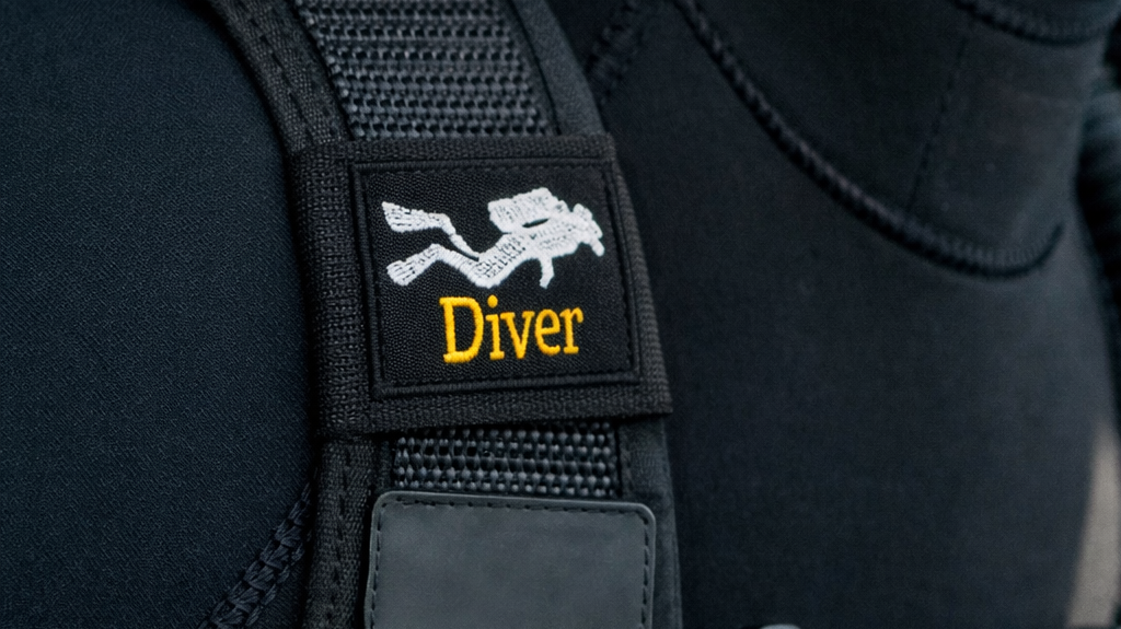 Black diver wetsuit with embroidered 'Diver' patch and scuba logo on shoulder strap