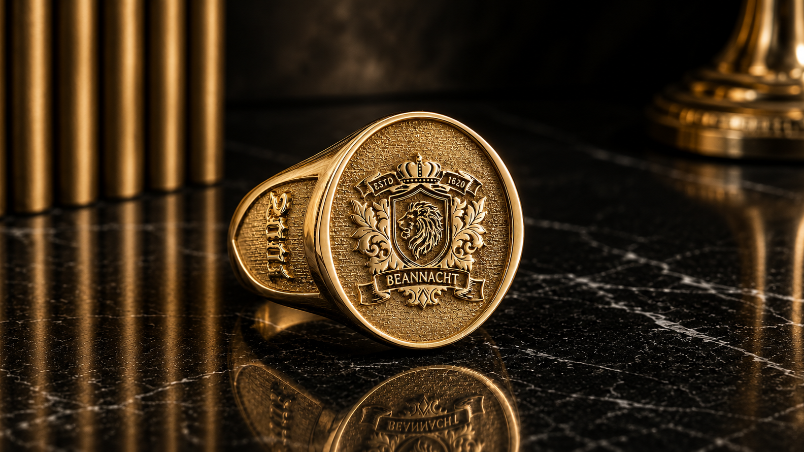 Custom family crest gold signet ring