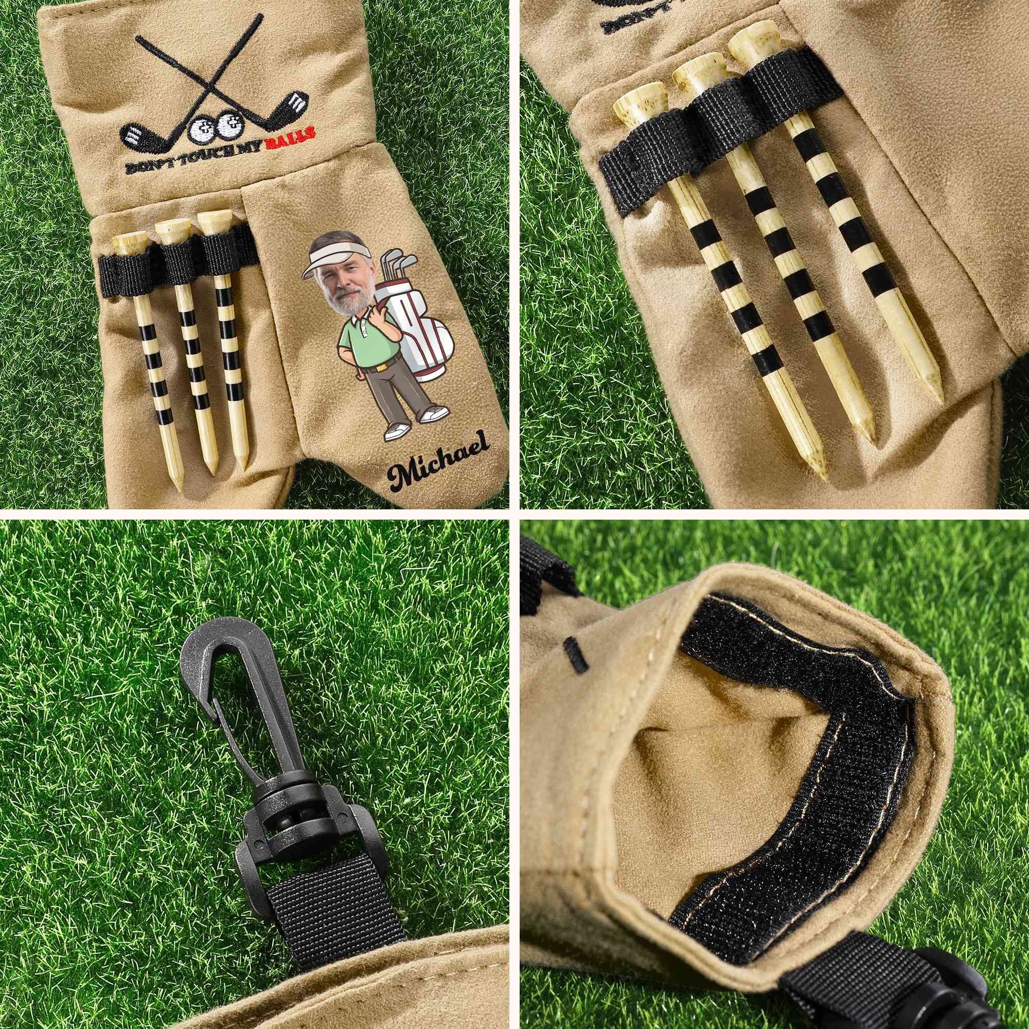 Light brown personalized golf ball bag showing tee holder and storage details