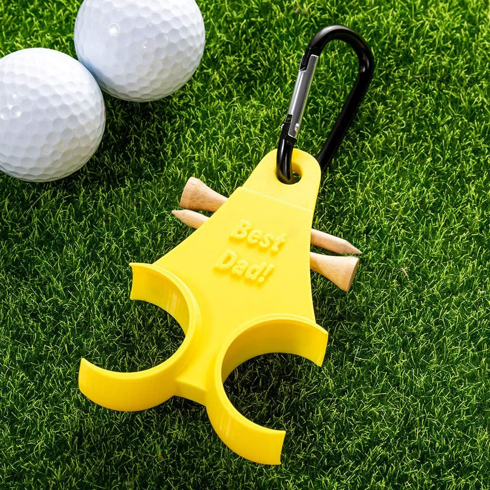 Yellow personalized 3D printed golf ball and tee holder with black clip