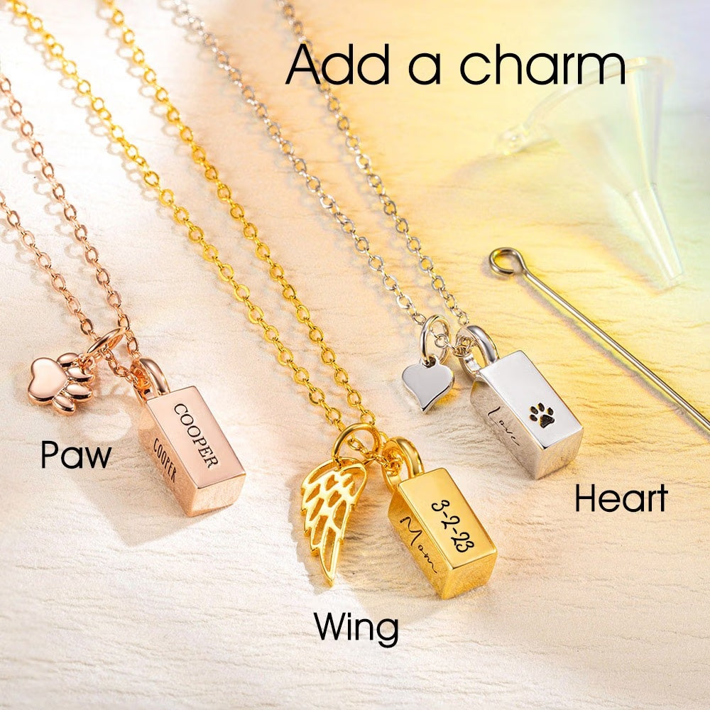 Personalized urn necklace with paw heart and angel wing charm options