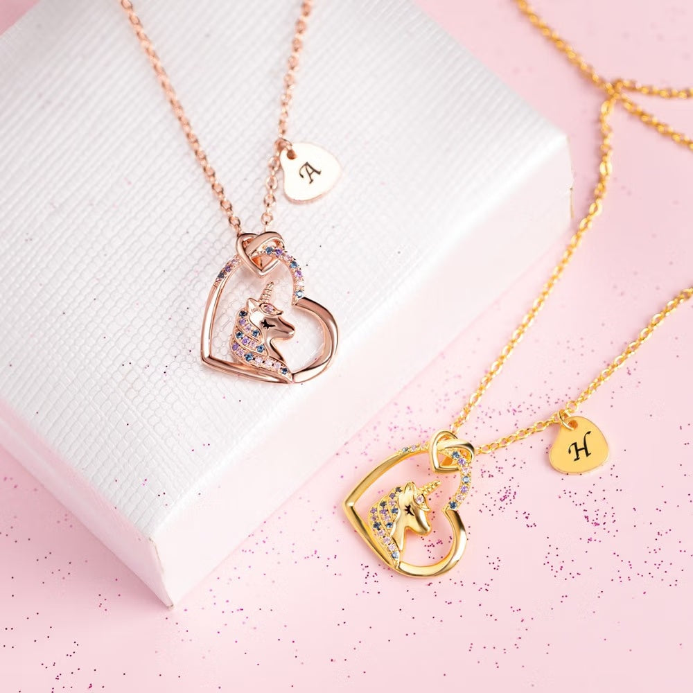 Gold and rose gold unicorn initial charm necklaces for girls