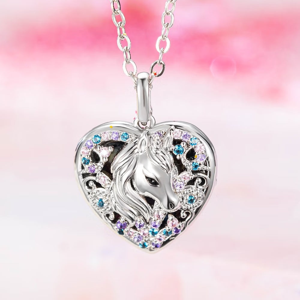Hollow style unicorn heart locket with colorful rhinestones