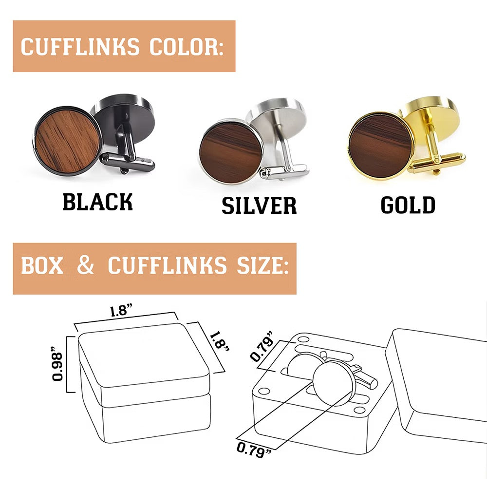 Cufflink finish and size guide showing black silver and gold personalized cufflinks
