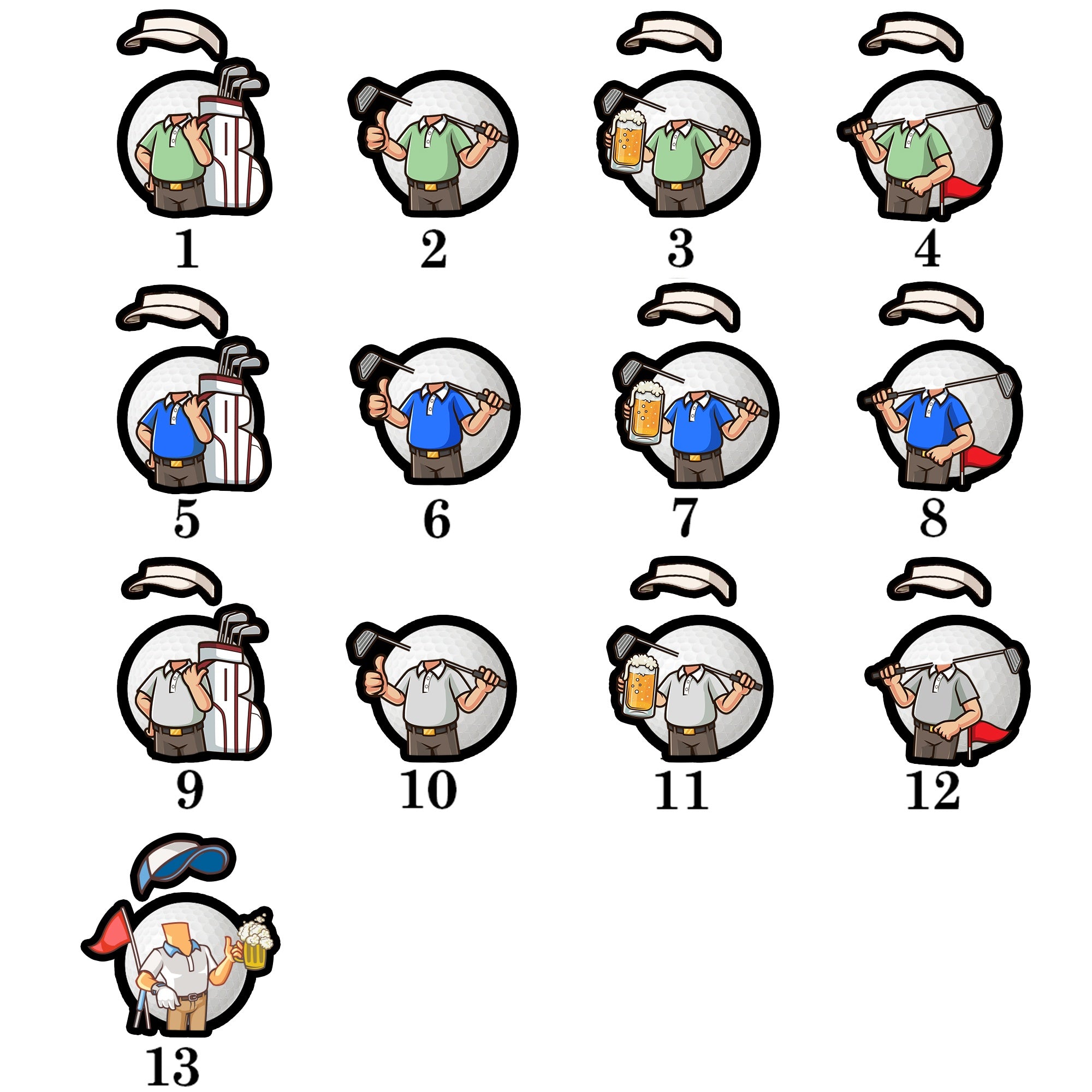 Male cartoon character design options for personalized photo golf ball markers