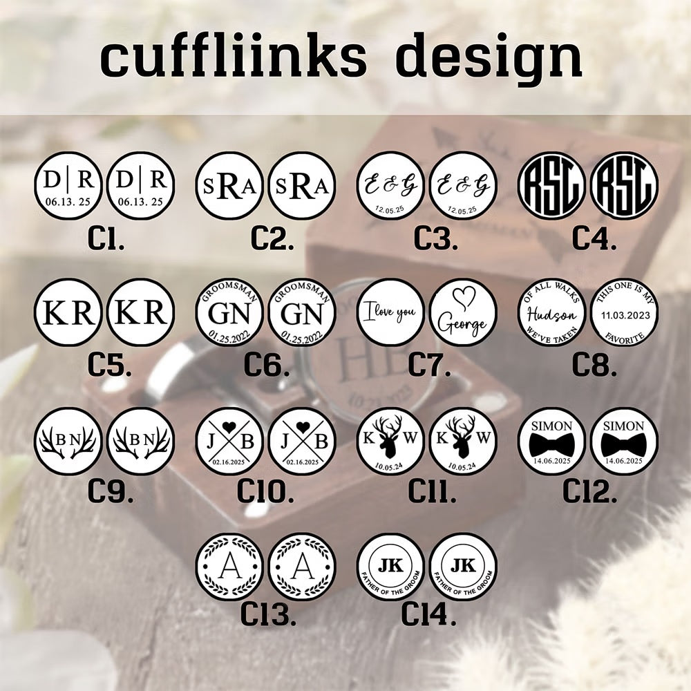 Custom cufflink engraving design options with initials names dates hearts and messages