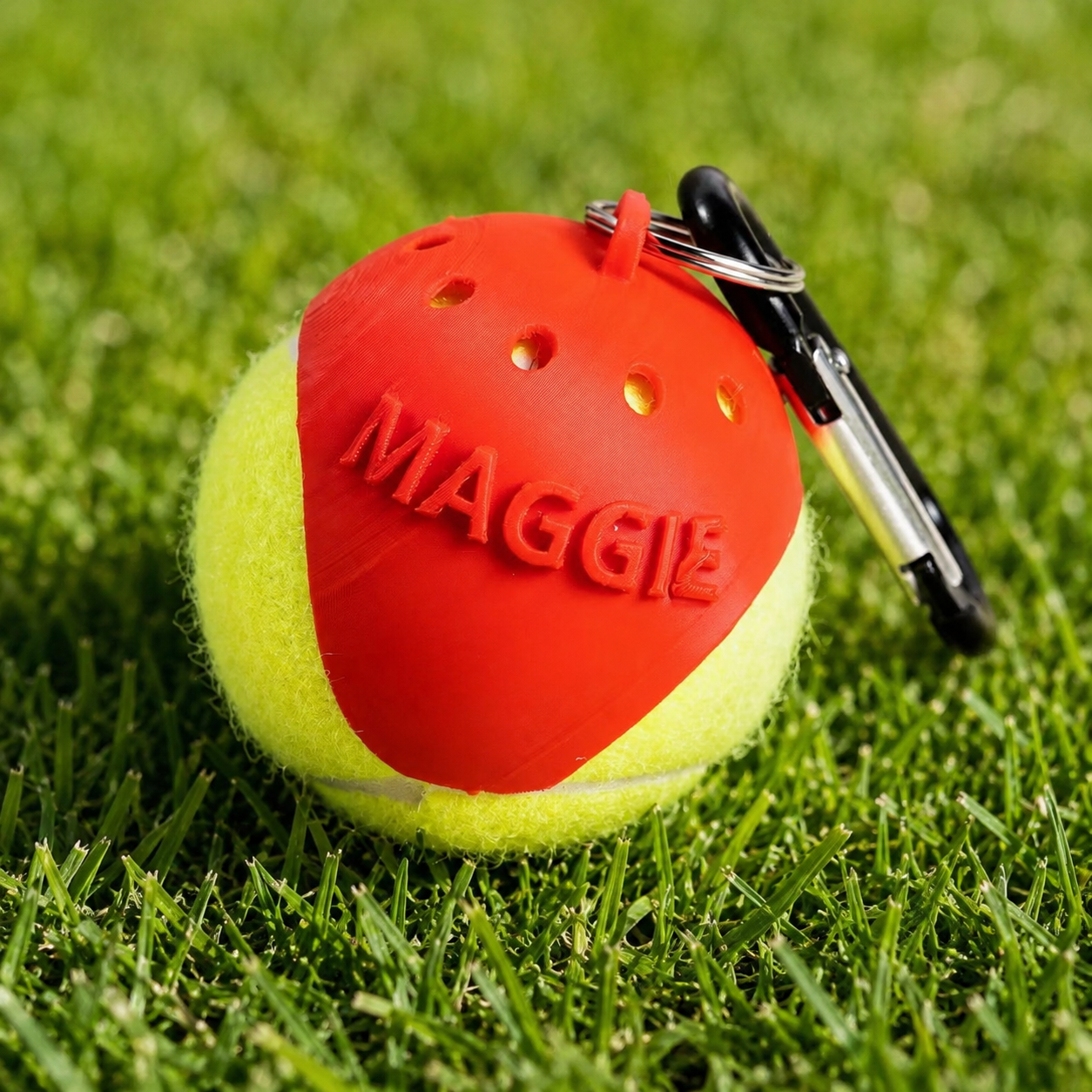 Red personalized dog tennis ball holder with carabiner on grass