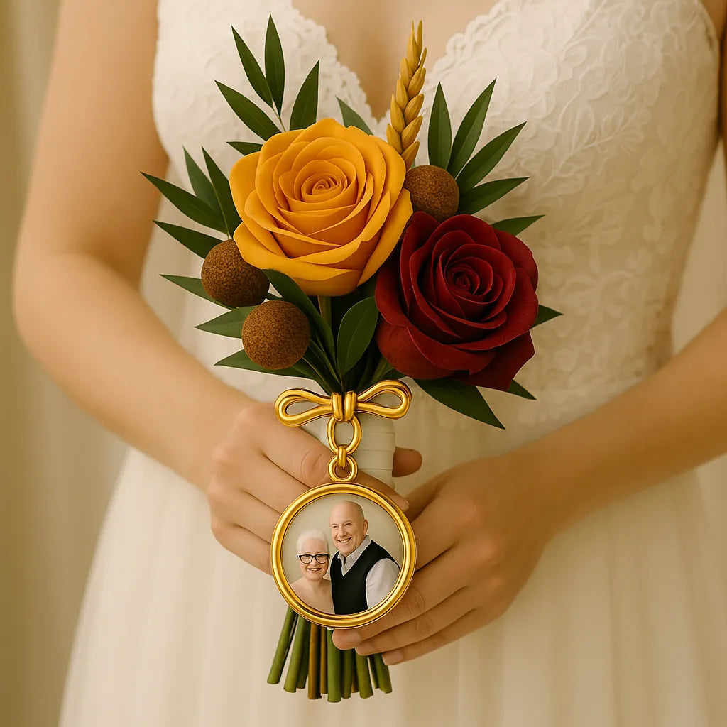 Elegant Bridal Bouquet Photo Charm and Groom's Photo Lapel Pin