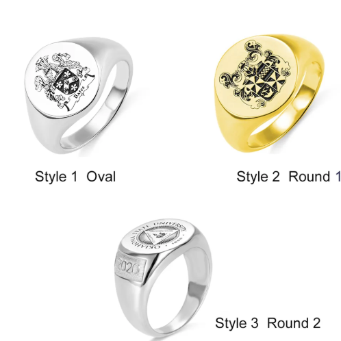 Oval and round custom crest signet ring styles shown in silver and gold finishes