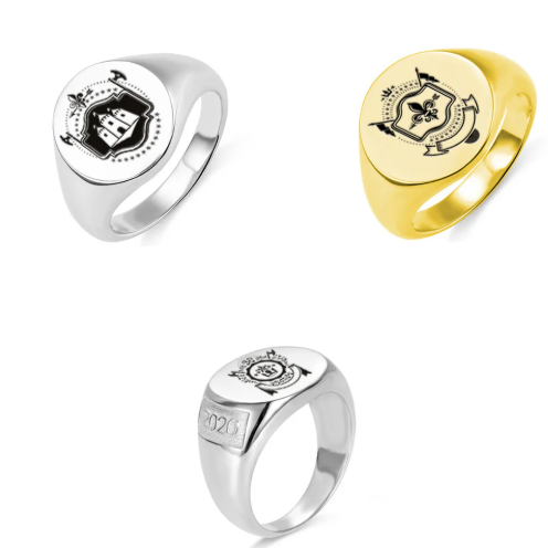 Custom crest signet rings in silver and gold tones with personalized heraldic designs