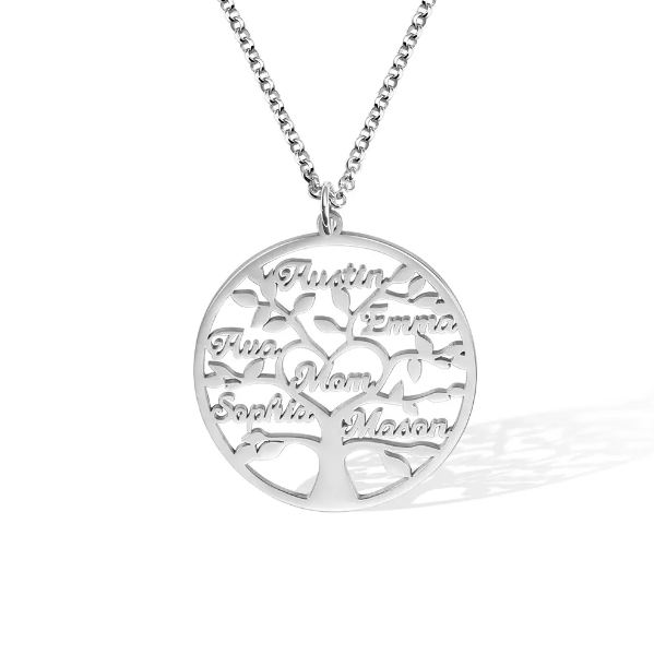 Silver personalized family tree necklace with 1–9 custom names
