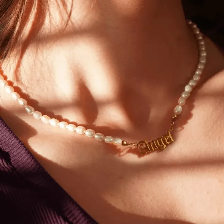 Personalized Freshwater Pearls Name Necklace with Old English Font - Custom Gothic Jewelry Gift - Belbren