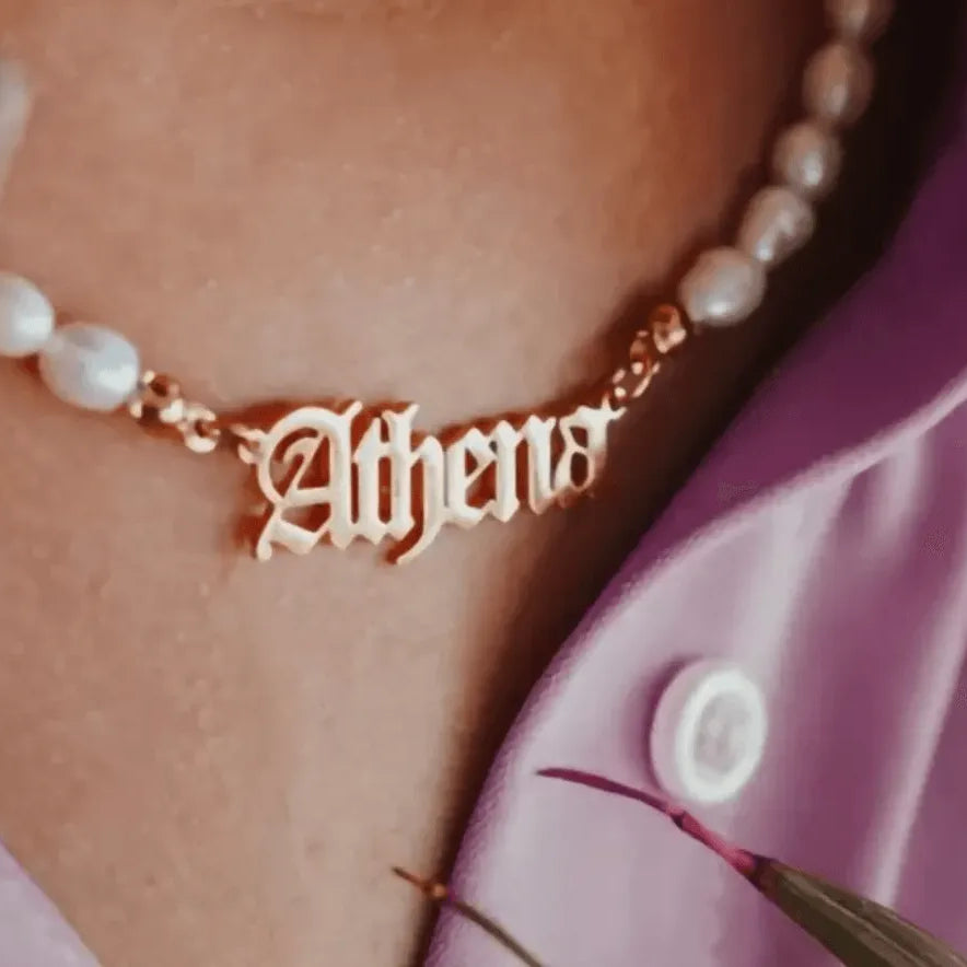 Personalized Freshwater Pearls Name Necklace with Old English Font - Custom Gothic Jewelry Gift - Belbren