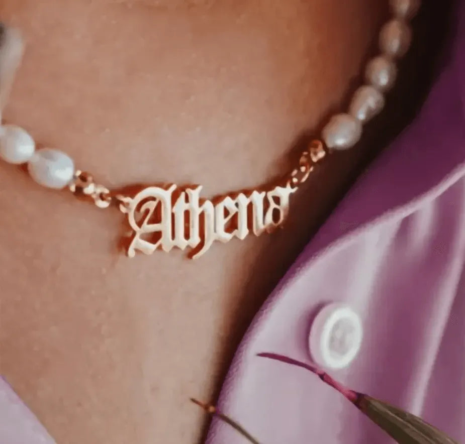 Personalized Freshwater Pearls Name Necklace with Old English Font - Custom Gothic Jewelry Gift - Belbren