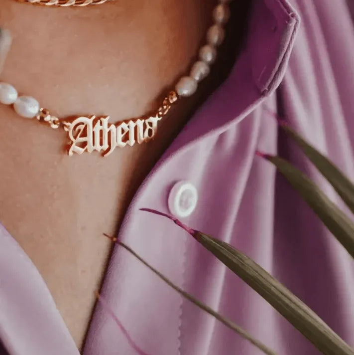 Personalized Freshwater Pearls Name Necklace with Old English Font - Custom Gothic Jewelry Gift - Belbren