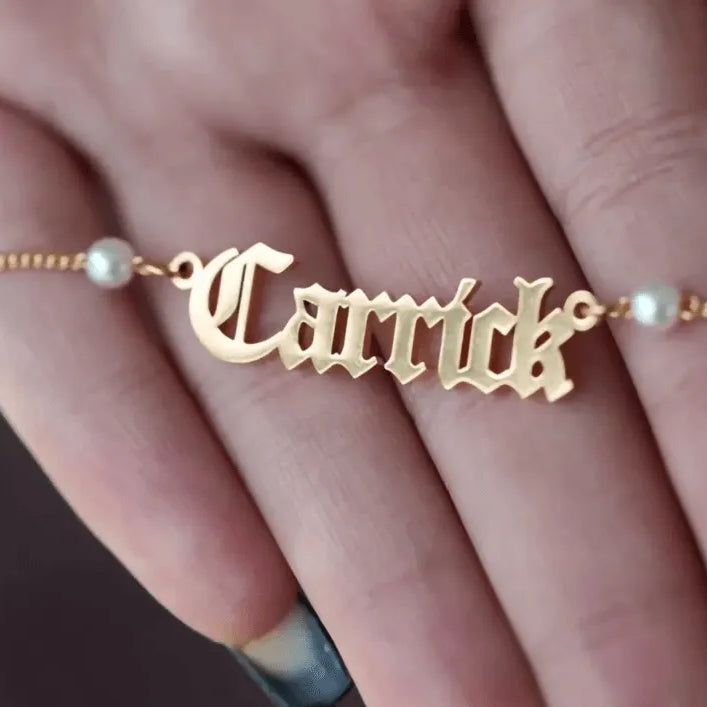 Personalized Freshwater Pearls Name Necklace with Old English Font - Custom Gothic Jewelry Gift - Belbren