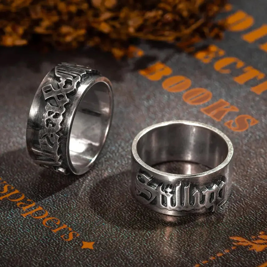 Custom Name Gothic Ring | Old English Style Unisex Ring | Brass or Sterling Silver 925 | Personalized Tattoo Font Name Ring - Belbren