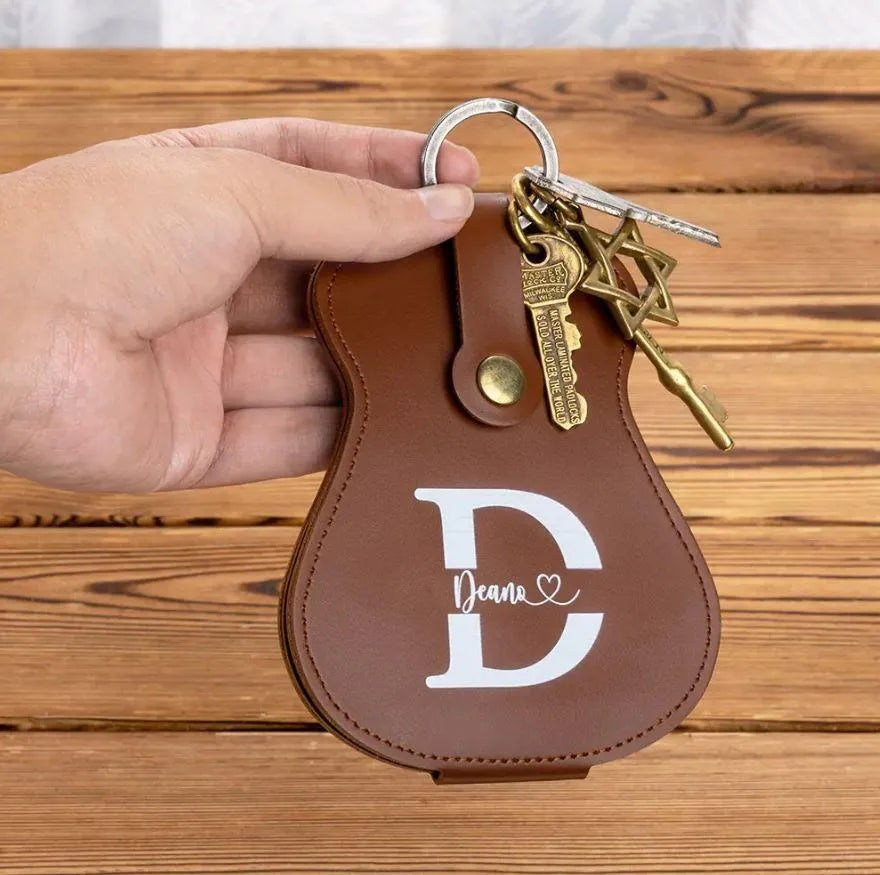 Custom Guitar Pick Holder with Personalized Name - Leather Keychain Case with 3 Starry Sky Picks - Perfect Gift for Guitarists - Belbren