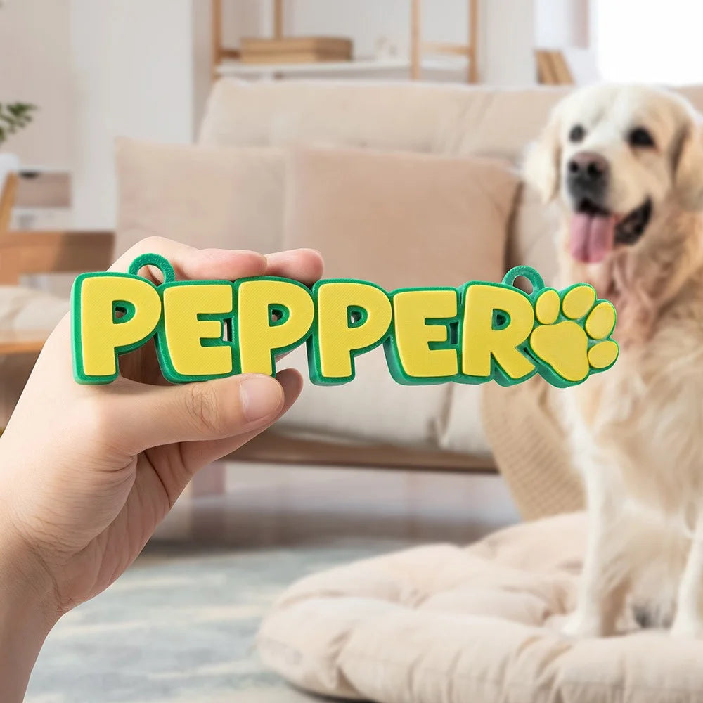 Custom dog name tag 'PEPPER' with paw print, personalized pet accessory for golden retriever