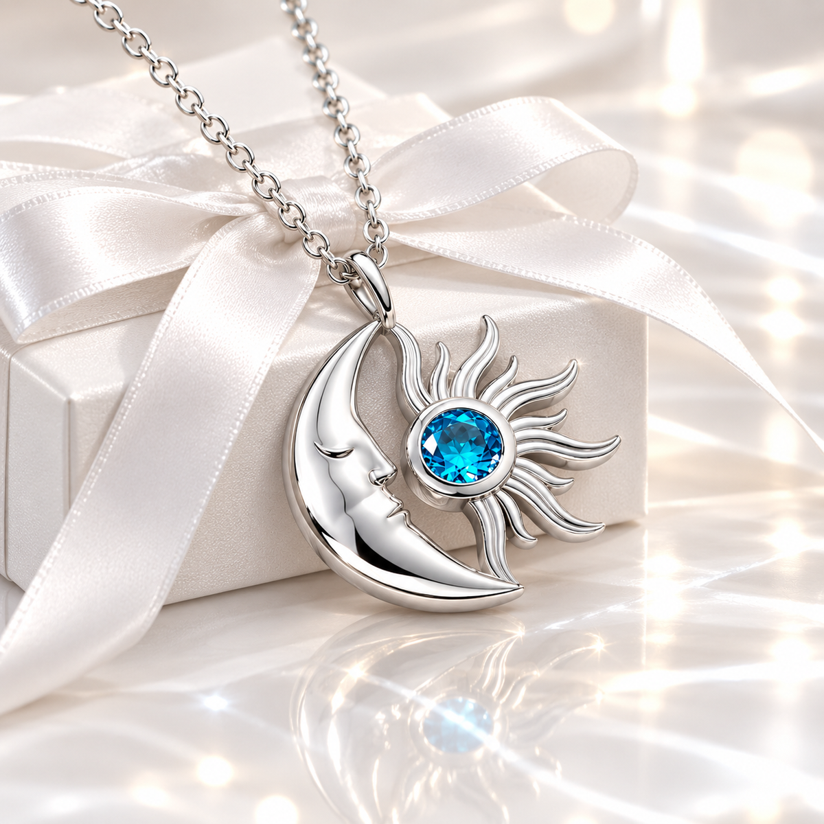 Personalized birthstone moon and sun necklace with blue stone