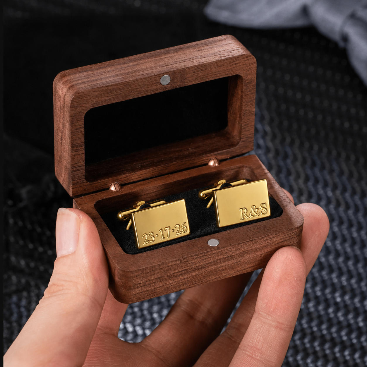 Engraved gold cufflinks inside personalized wooden presentation box