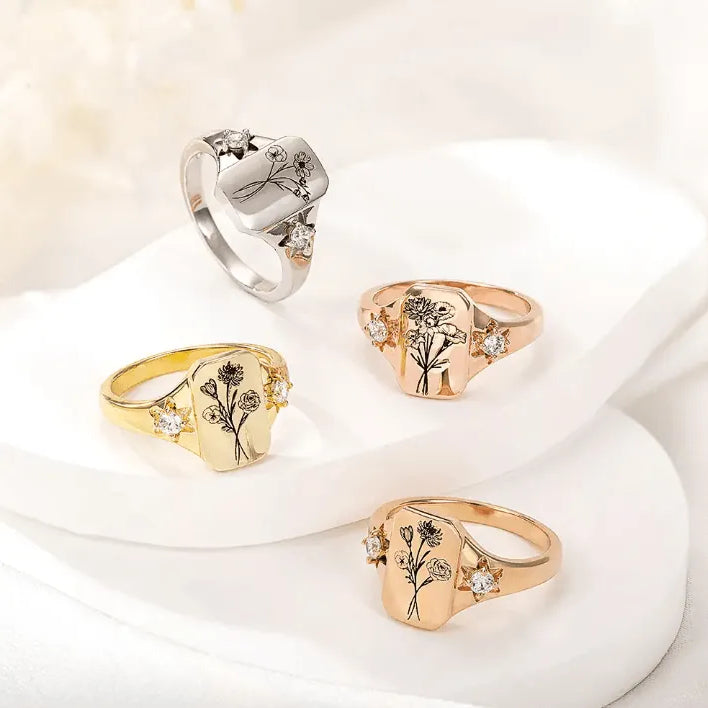 Birth Flower Signet Ring - Sterling Silver or Gold, Family Ring Bouquet Design, Perfect Gift for Her on Mother's Day - Belbren