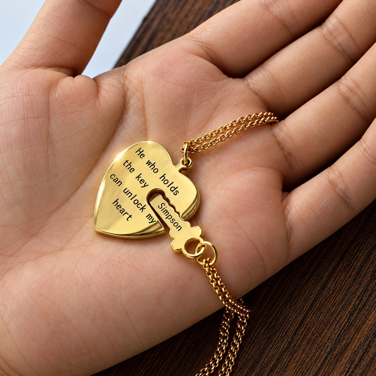 Gold heart and key matching necklace set for couples