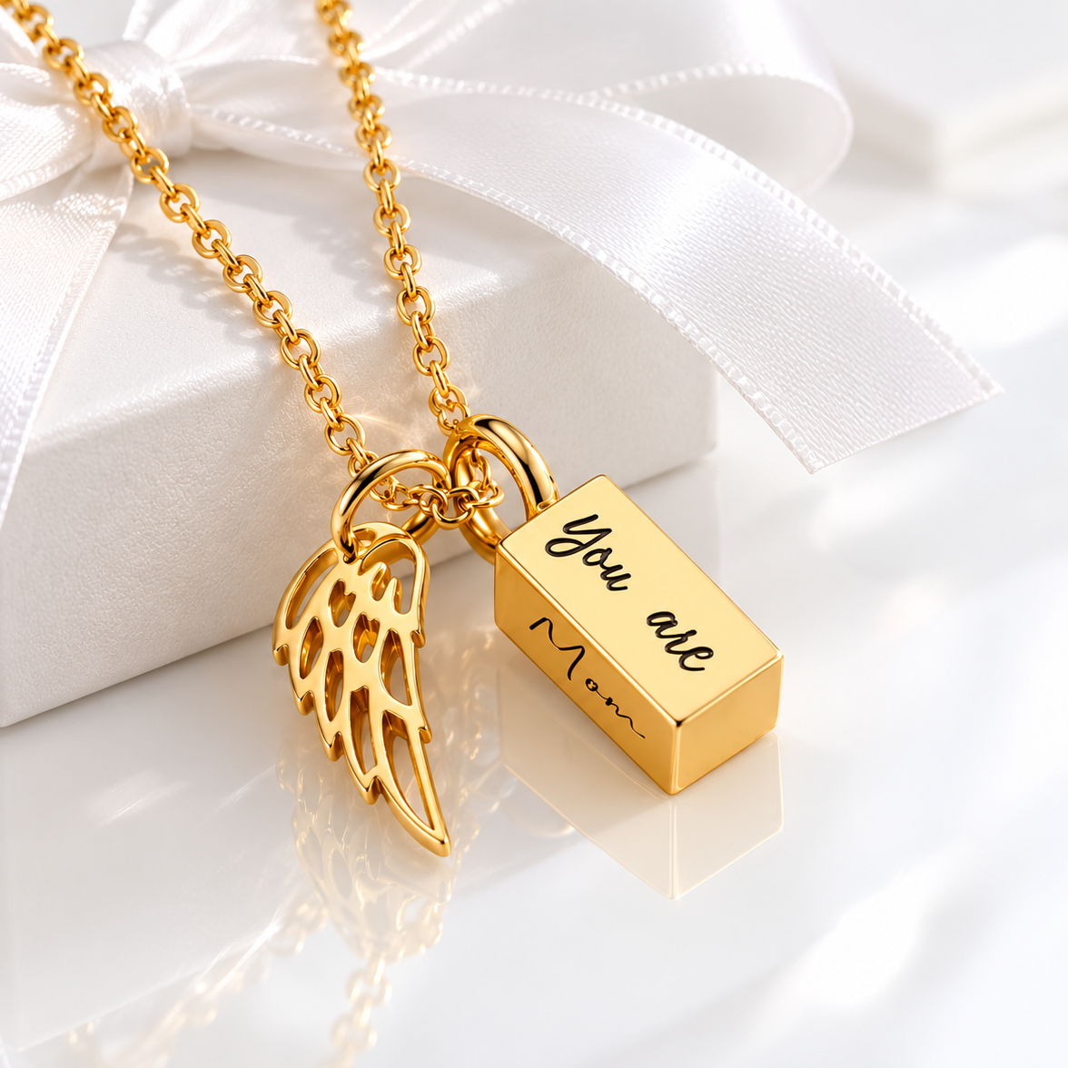 Personalized tiny urn necklace for ashes with angel wing charm