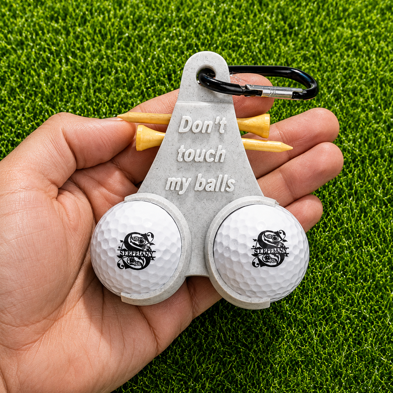 Grey funny golf ball holder with custom text two golf balls and carabiner clip