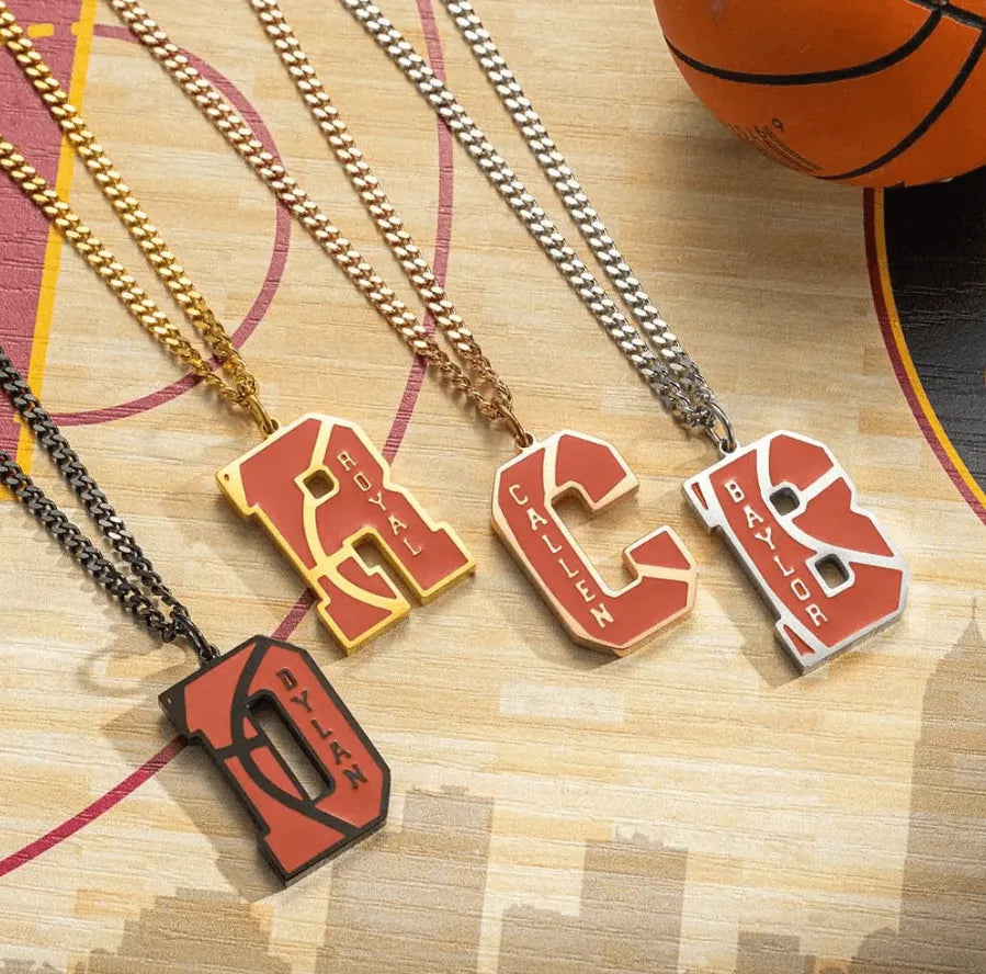 Custom Basketball Number Initial Necklace - Personalized Sports Pendant for Men & Kids - Engraved Jewelry in Stainless Steel, Gold, Rose Gold, and Black Plated Options - Belbren