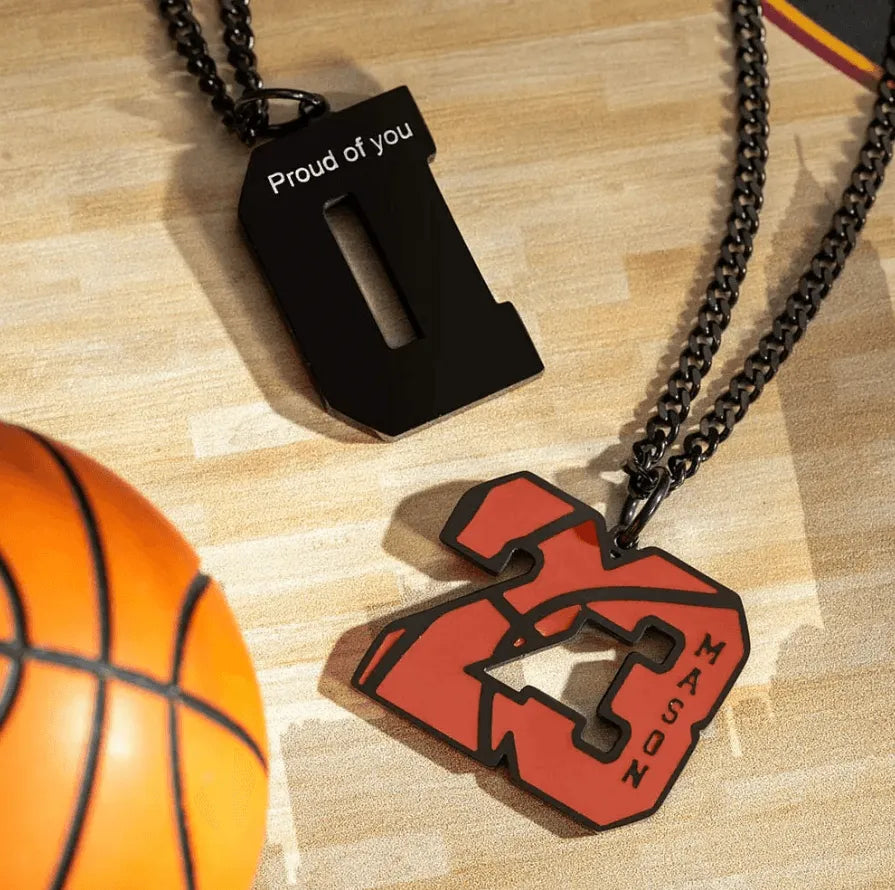 Custom Basketball Number Initial Necklace - Personalized Sports Pendant for Men & Kids - Engraved Jewelry in Stainless Steel, Gold, Rose Gold, and Black Plated Options - Belbren