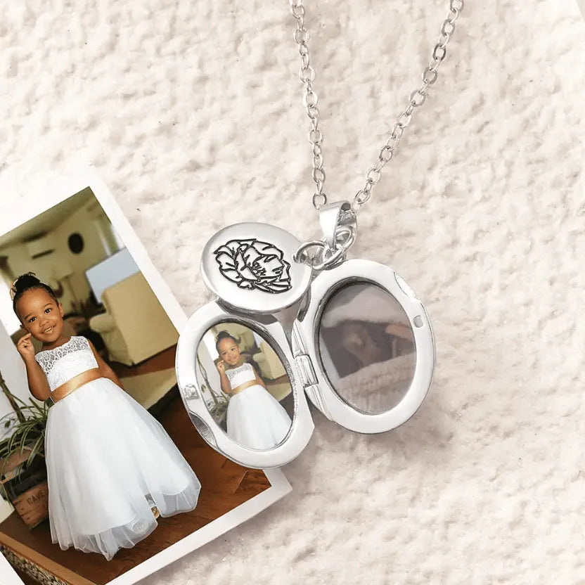 Custom Birth Flower Necklace Oval Photo Locket - Gift for Her - Belbren