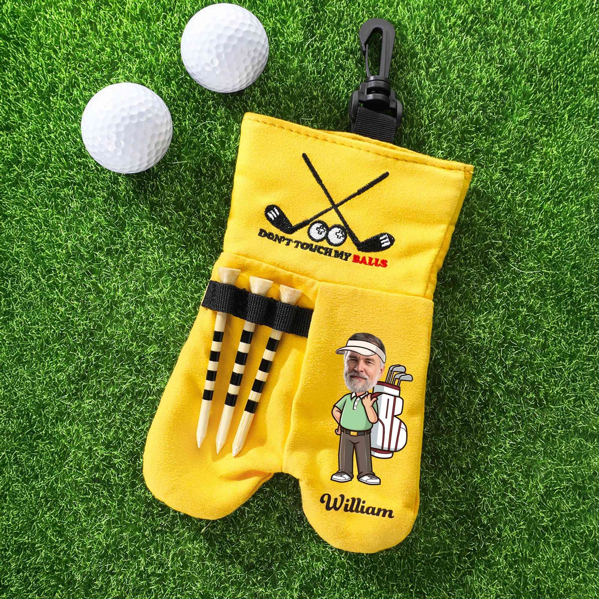 Personalized yellow golf ball sack with custom name face photo and tee holder