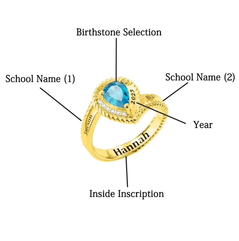 Custom Class Ring - Personalized High School & University Graduation Ring in Sterling Silver or Brass, Hypoallergenic with Customizable Birthstone - Belbren