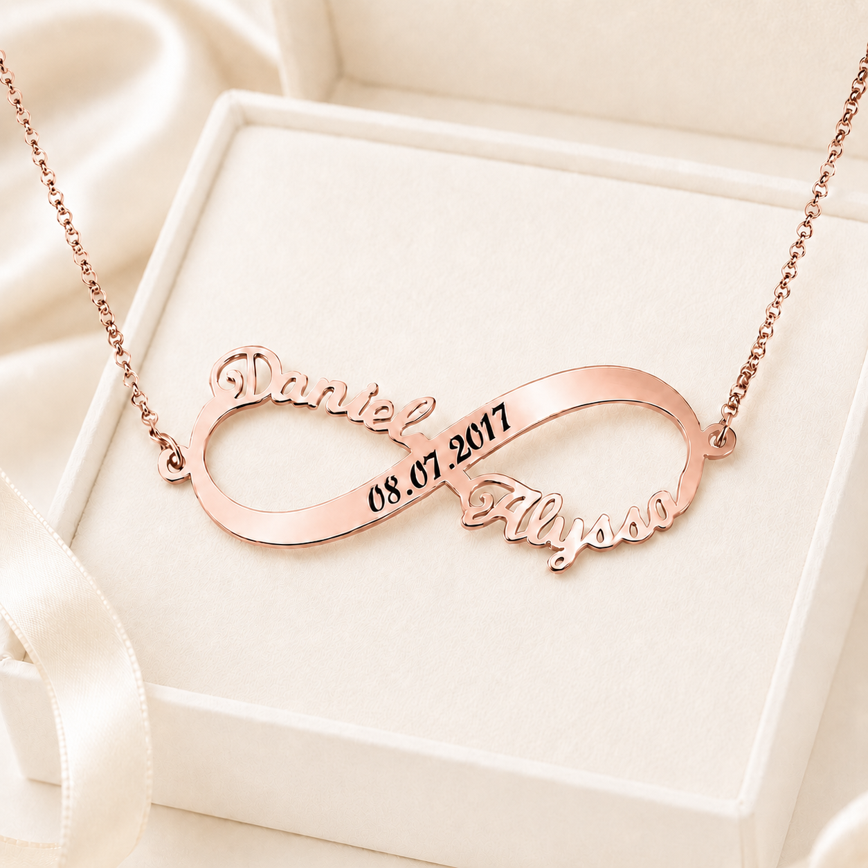 Custom two names infinity necklace with date in rose gold