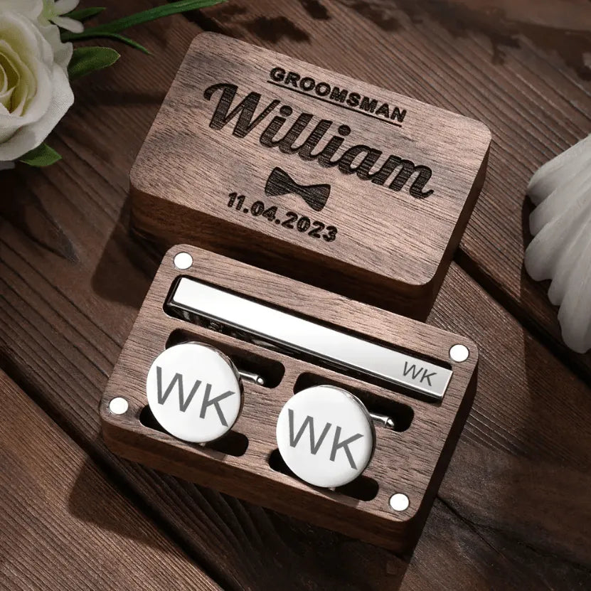 Personalized Cufflink & Tie Clip Set with Custom Wooden Box - Perfect for Groomsmen, Weddings & Special Occasions - Belbren