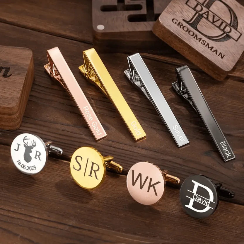 Personalized Cufflink & Tie Clip Set with Custom Wooden Box - Perfect for Groomsmen, Weddings & Special Occasions - Belbren