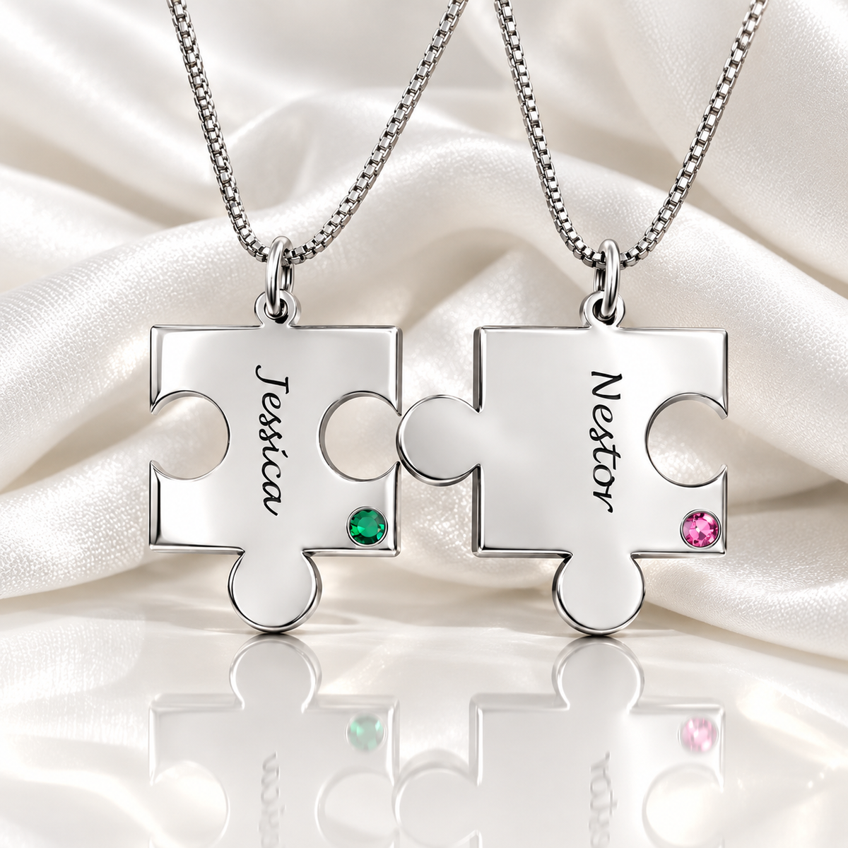 Silver personalized puzzle piece necklaces with names and colorful birthstones