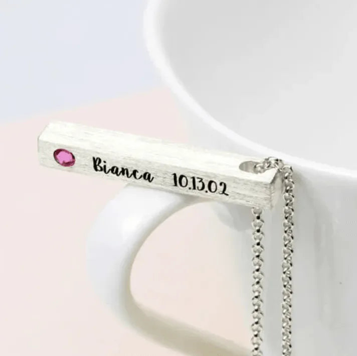 Custom Engraved Sterling Silver 4-Sided Bar Necklace with Birthstone , Perfect Mother's Day Gift - Belbren