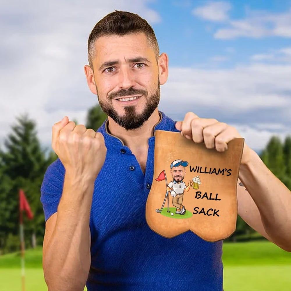 Golfer holding personalized golf ball sack with name and face photo
