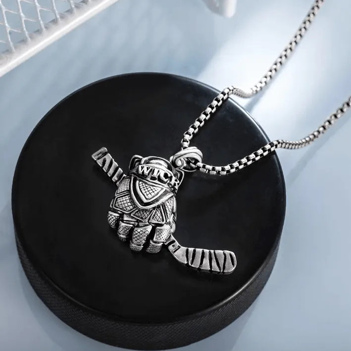 Custom Ice Hockey Necklace - Men's Personalized Hockey Stick and Glove Pendant - Ideal Gift for Players and Fans - Silver Plated - Belbren