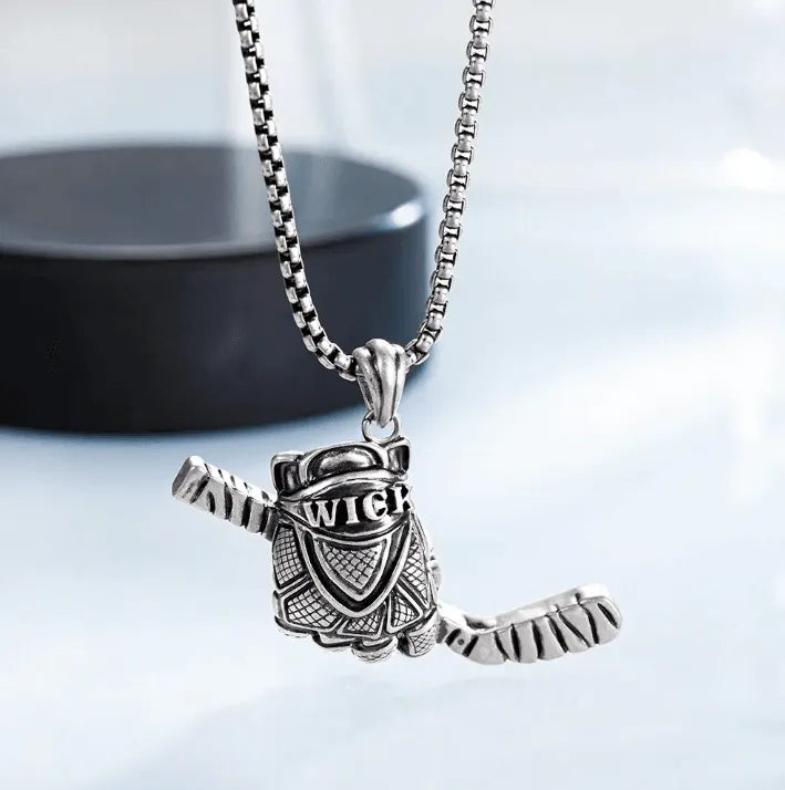 Custom Ice Hockey Necklace - Men's Personalized Hockey Stick and Glove Pendant - Ideal Gift for Players and Fans - Silver Plated - Belbren