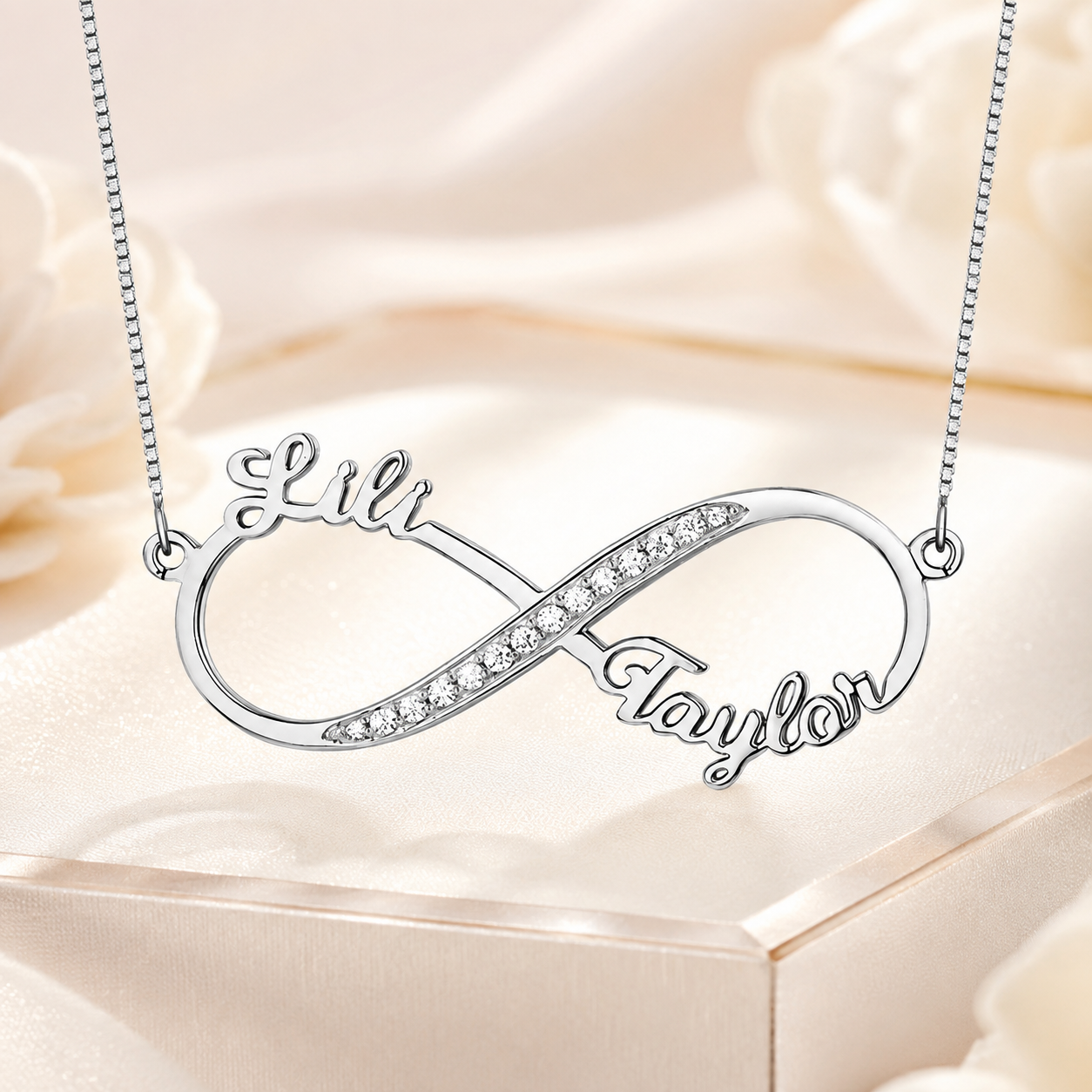 Custom infinity two name CZ necklace in sterling silver