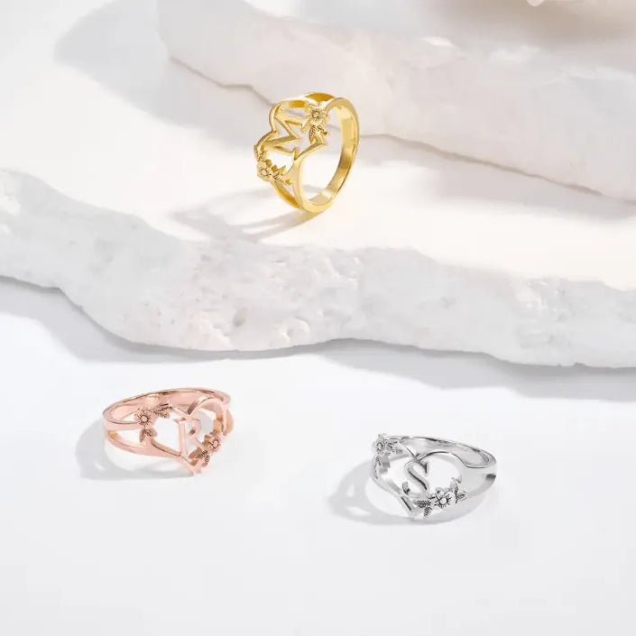 Custom Initial Heart & Flower Ring - Dainty Letter Design - Perfect Initial Ring for Anniversary or Birthday Gift for Her. - Belbren