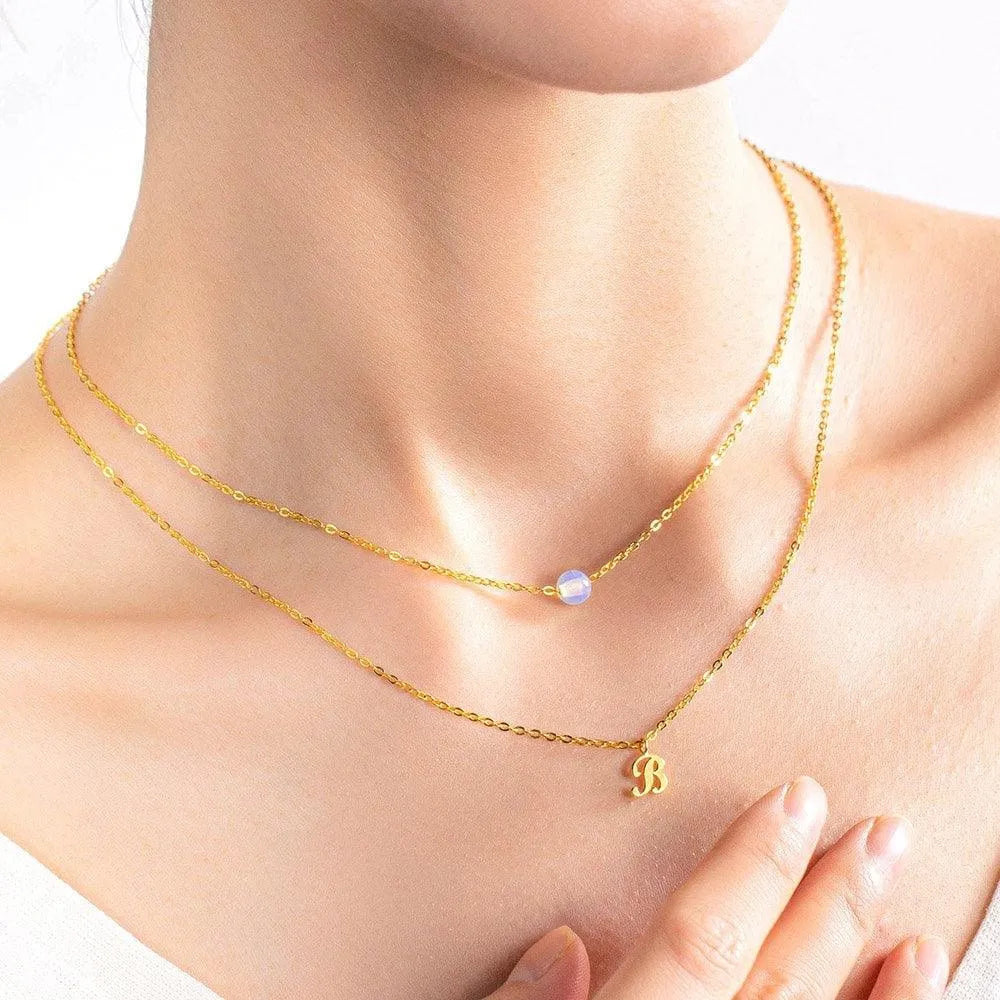 Custom Layered Initials and Tiny Moonstone Birthstone Necklace - Personalized Jewelry for Women - Elegant Rose Gold, Gold, or Silver Finish - Belbren