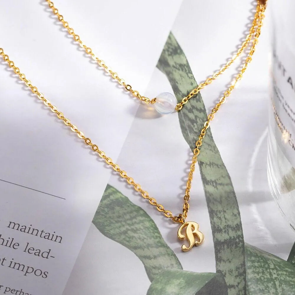 Custom Layered Initials and Tiny Moonstone Birthstone Necklace - Personalized Jewelry for Women - Elegant Rose Gold, Gold, or Silver Finish - Belbren