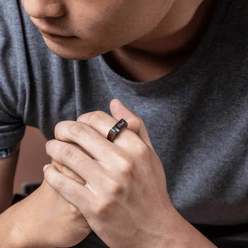 Custom Men's Ring with Birthstones & Engraving - Silver, Gold, Black Plated Sterling Silver or Brass - Belbren