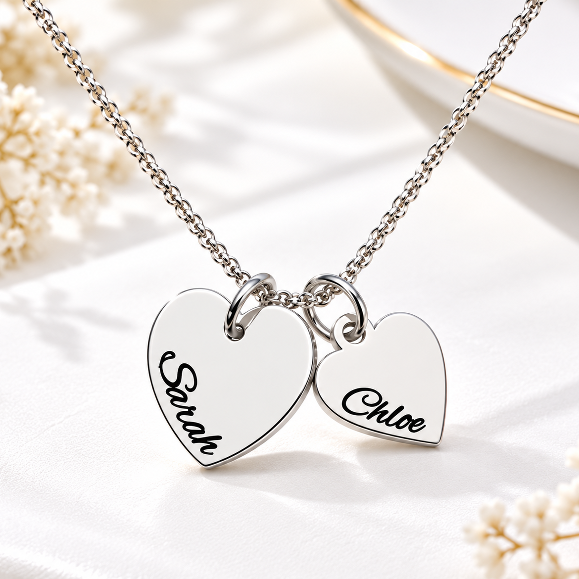 Silver double heart necklace with two custom engraved names