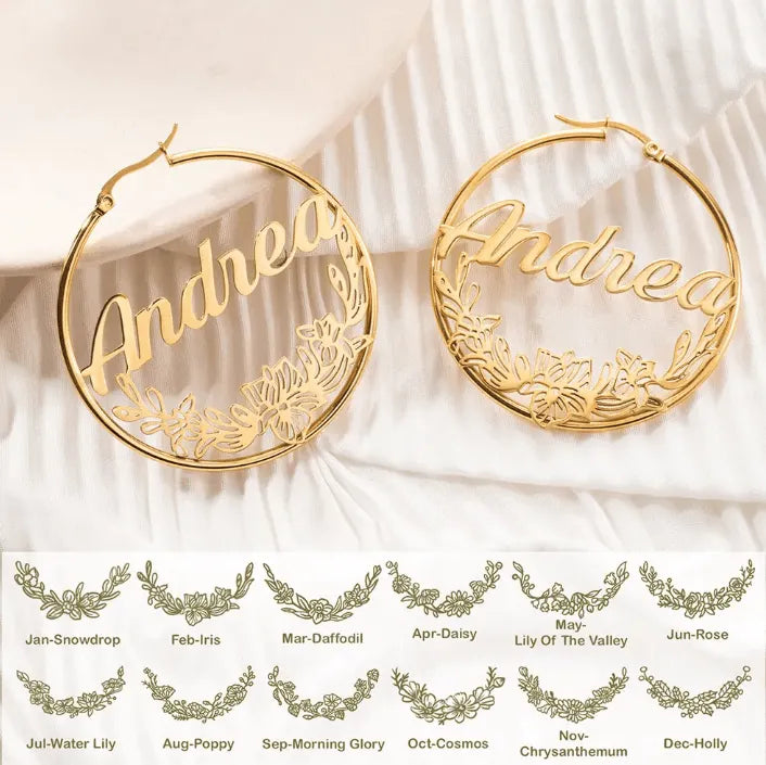 Custom Name Hoop Earrings with Personalized Birth Flower Design - Unique Gift for Women & Girls - Ideal Birthflower Jewelry - Belbren