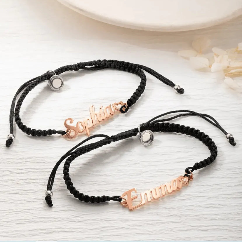 Custom Name Promise Bracelets, Set of 2, Personalized Braided Matching Bracelets, Adjustable Couple Bracelets with Magnetic Attraction - Belbren